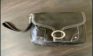 Anne Klein Black Leather Clutch Handbag with Wristlet Strap
